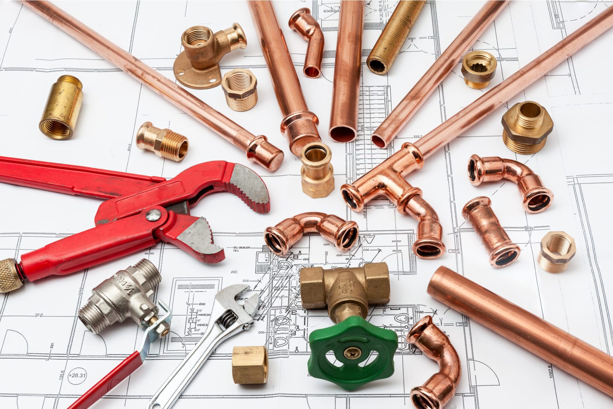 Copper pipes, fittings, valves, and plumbing tools in West Linn