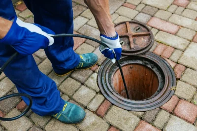 Plumber cleaning an outdoor sewer drain in West Linn