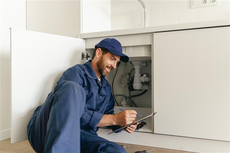 Residential plumber reviewing plumbing repairs in a West Linn kitchen