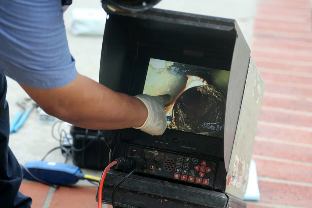 Technician viewing a drain inspection camera in West Linn