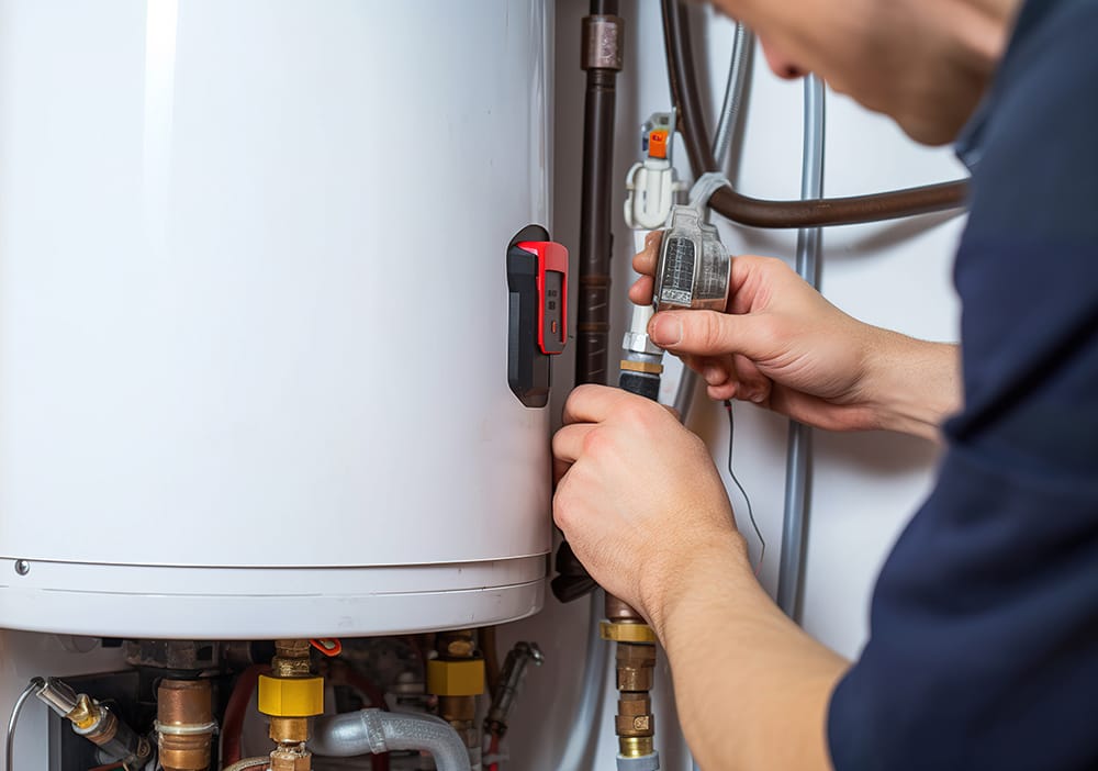 Technician repairing pipes connected to a water heater in West Linn